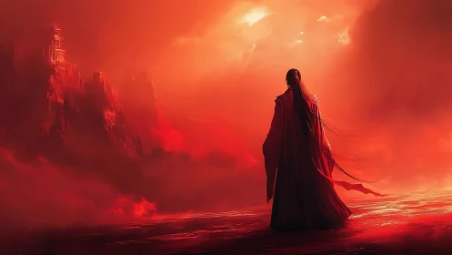 Backlit robed figure surveys crimson volcanic citadel landscape