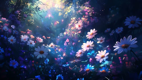 Glowing Daisy Field. Ethereal Digital Garden.