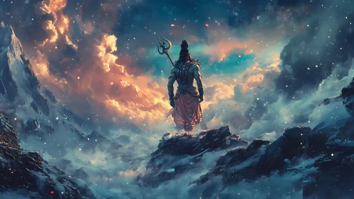 Mountain god surveys swirling clouds and starlit stormlight