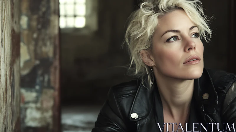 Brooding blonde portrait in moody urban interior light.