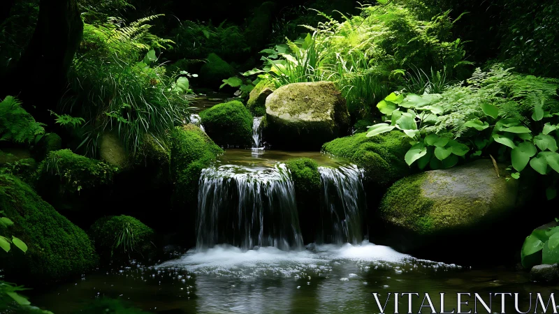 Lush Forest Stream with Waterfall in Serene Nature Photography.