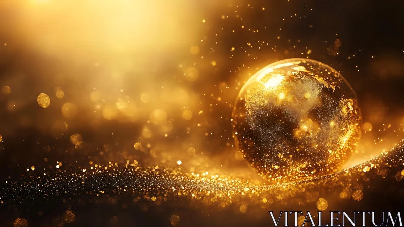 Golden luminous sphere amid suspended glitter particles.