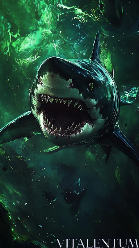 Digital great white shark lunges through dark green abyss.