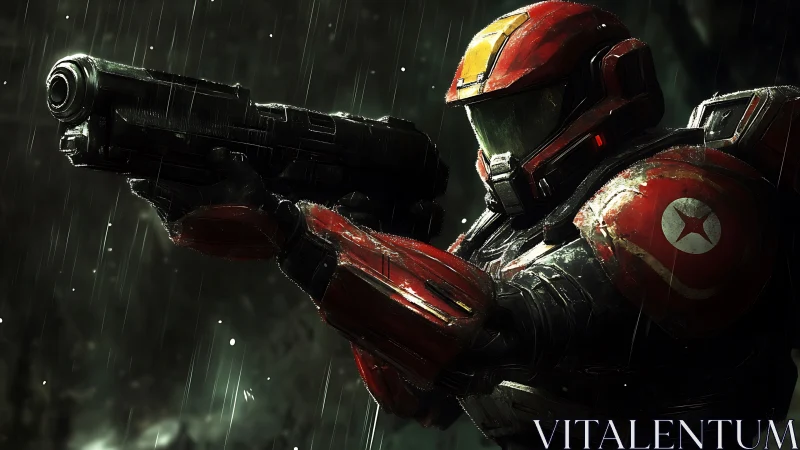 Armored sci fi soldier aims heavy weapon in pouring rain.