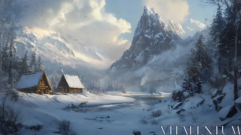 Winter cabins whisper beneath a towering, cloud-kissed peak