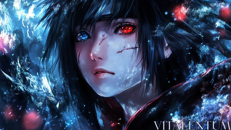 Dual-eyed anime warrior emerges through shimmering frost.