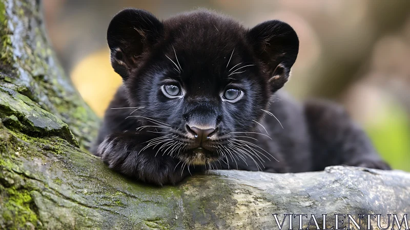 Black panther cub resting on moss-covered log displays striking blue eyes.