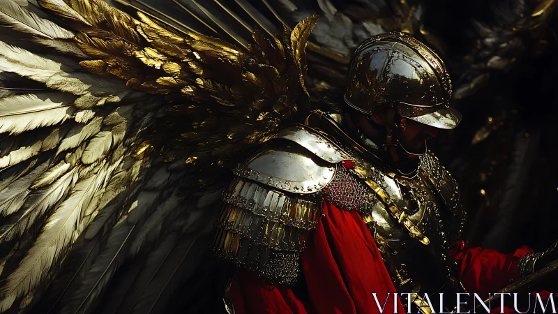 Winged armored warrior in gold plate with feathered wings.