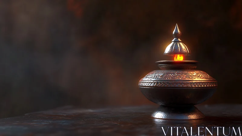 Ornate brass censer cradles a lone flame in velvet shadow.