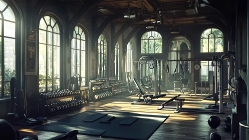 Sunlit vintage gym interior blends elegance and strength training.