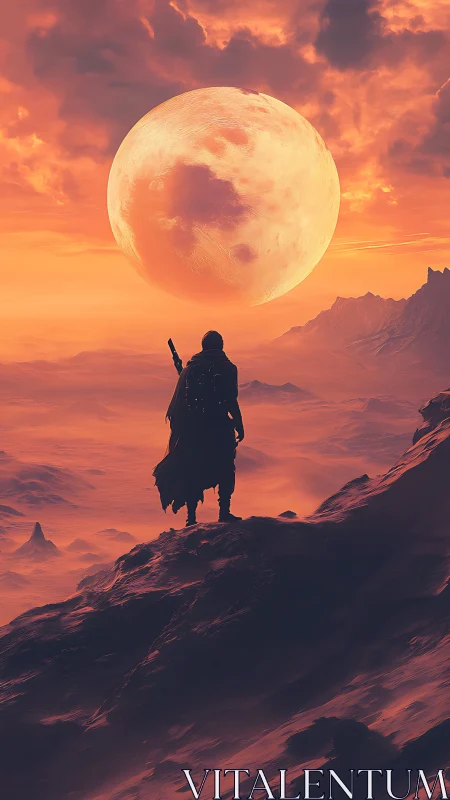 Solitary cloaked wanderer on alien ridge under colossal moon