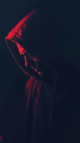 Moody hooded portrait glows softly with dramatic red light