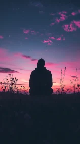 Silhouette meditates under violet twilight sky panorama.