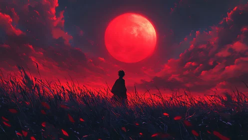 Silhouetted figure under large red moon in grassland field.