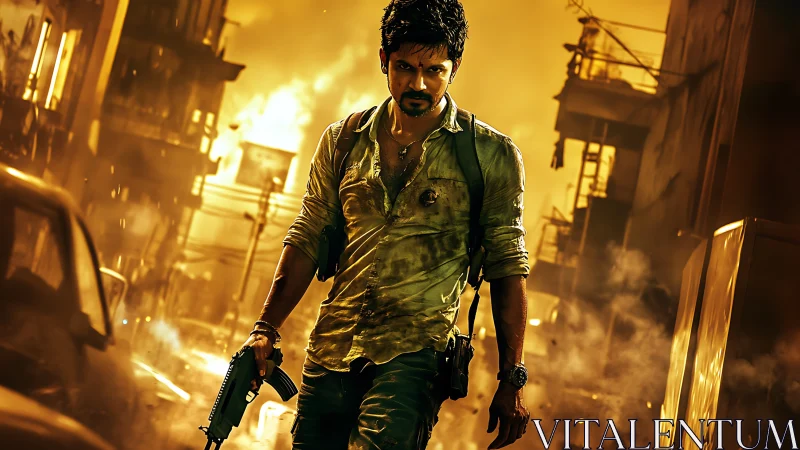 Battle-hardened hero advances through burning city streets.