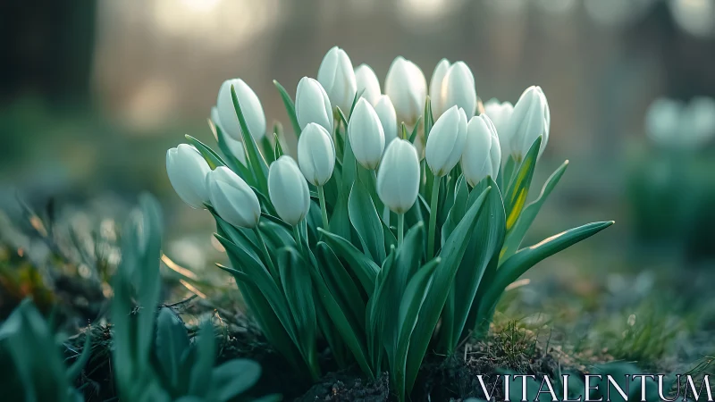 White Tulips Emerge Through Spring Garden Soil.