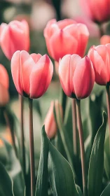 Pink Tulips in Soft Light. Garden Spring Blooms.
