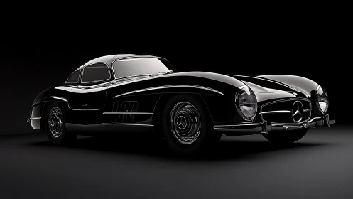 Glossy black classic coupe gleams under dramatic studio light.