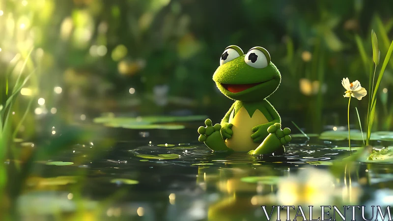 Sunlit pond jester frog basking in sparkled lilywater.