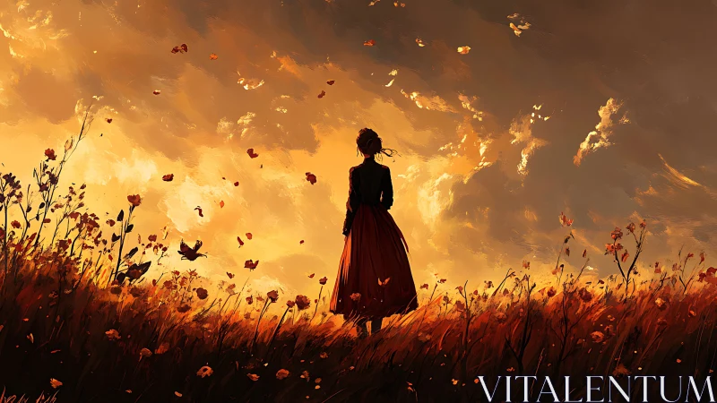 Silhouetted woman watches blazing sunset over windblown field