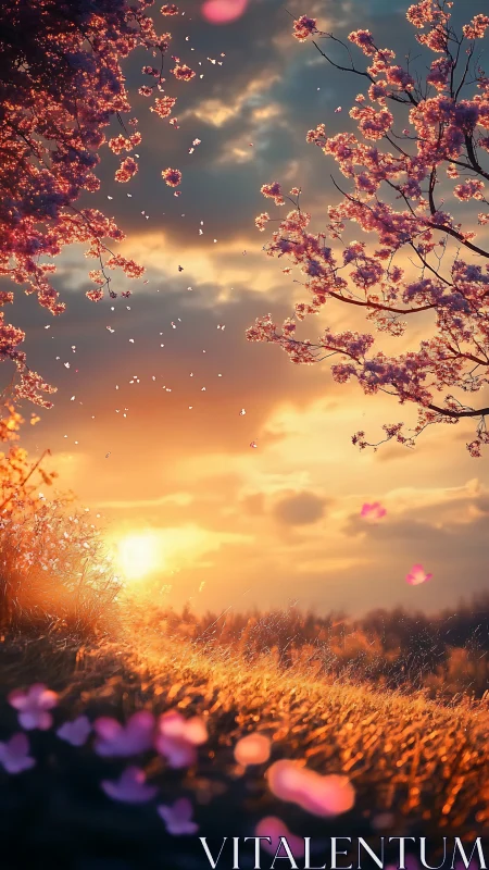 Sunlit cherry blossoms over glowing meadow at sunset sky.