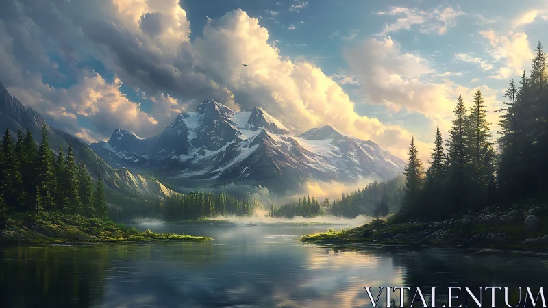 Snowcapped alpine peaks above reflective pine forest lake.