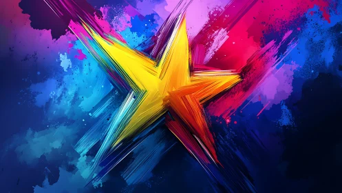 Color-splashed yellow star on bold abstract background.