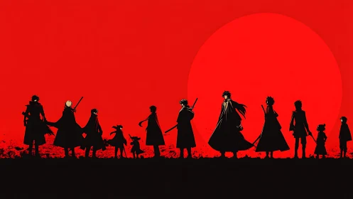 Silhouetted anime group against large red sun at dusk.