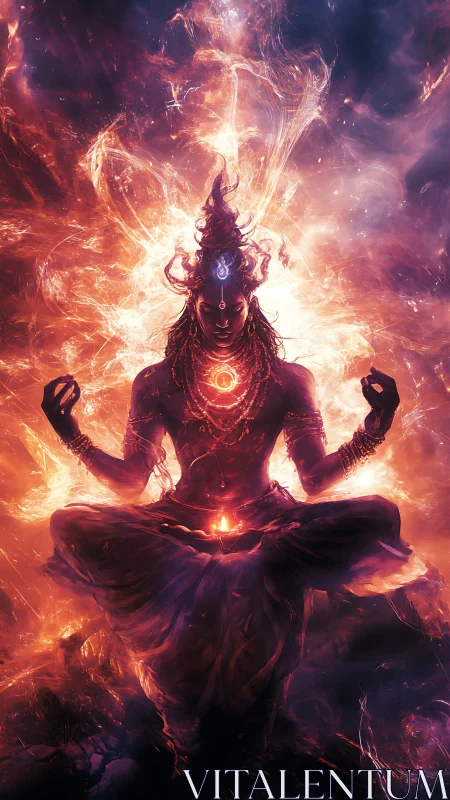 Meditative humanoid figure rendered in fiery digital energy field