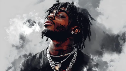 Stylized digital portrait of a rapper exhaling smoke upward
