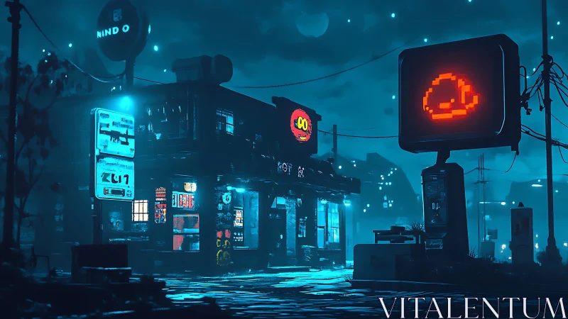Cozy neon diner glowing softly in a dreamy cyberpunk night.