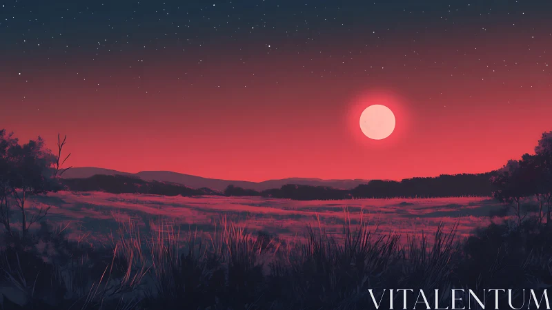Gentle red moonrise over quiet fields and distant hills.