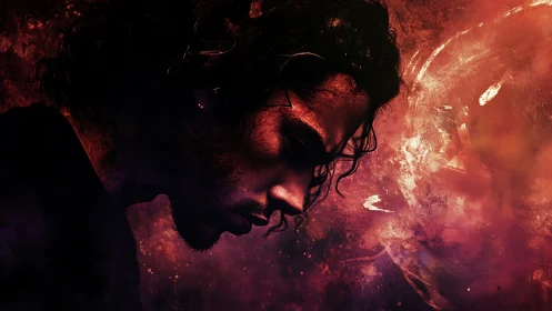 Brooding silhouette drifting through a cosmic ember haze.