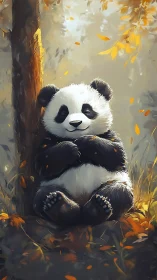 Calm panda resting against tree in soft autumn light.