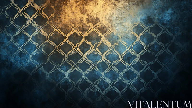 Grungy Blue and Gold Vintage Patterned Wall Texture Art.