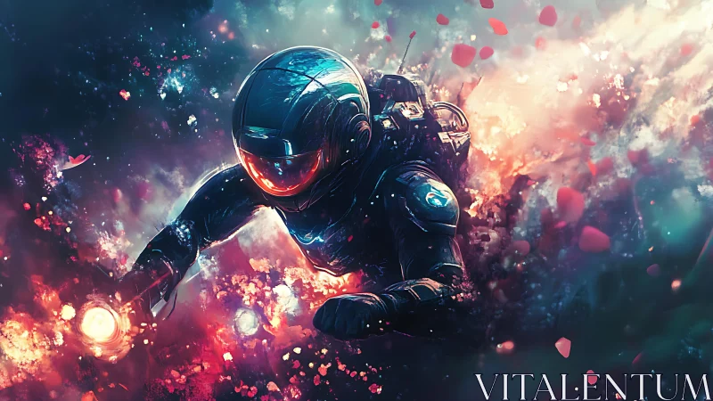 Armored space explorer diving through glowing cosmic storm.