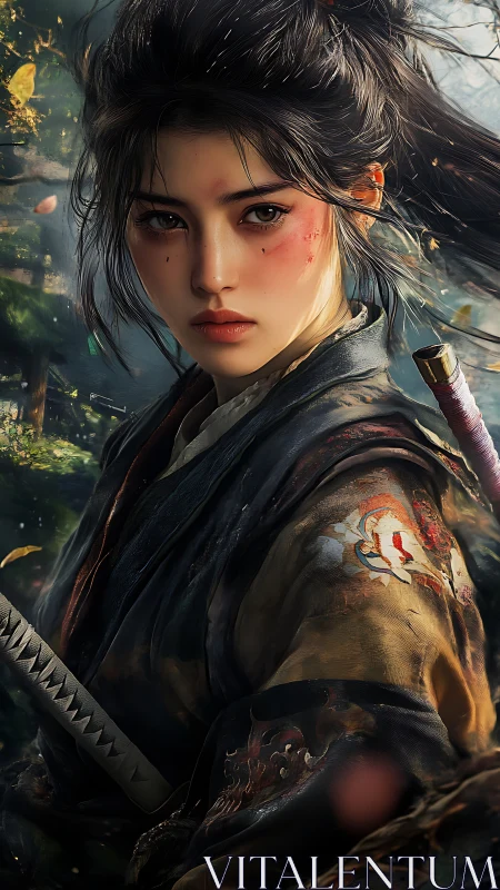 Stoic female warrior in detailed samurai armor portrait.