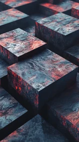 Textured metallic cubes glow with red futuristic highlights.