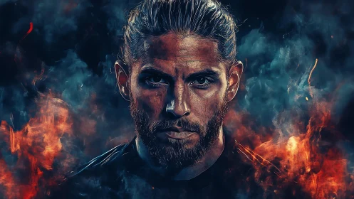 Intense male portrait framed by cinematic fire and smoke.