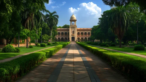 Sunlit campus walkway leads to a grand historic college