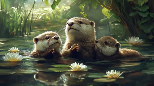 Three young otters resting together in a calm lily pond.