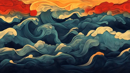 Sunlit swirls over midnight waves in a dreamy seascape.