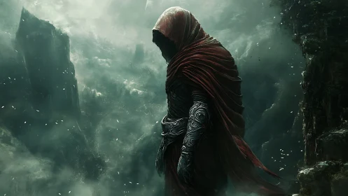 Hooded warrior stands over misty chasm in stormy light