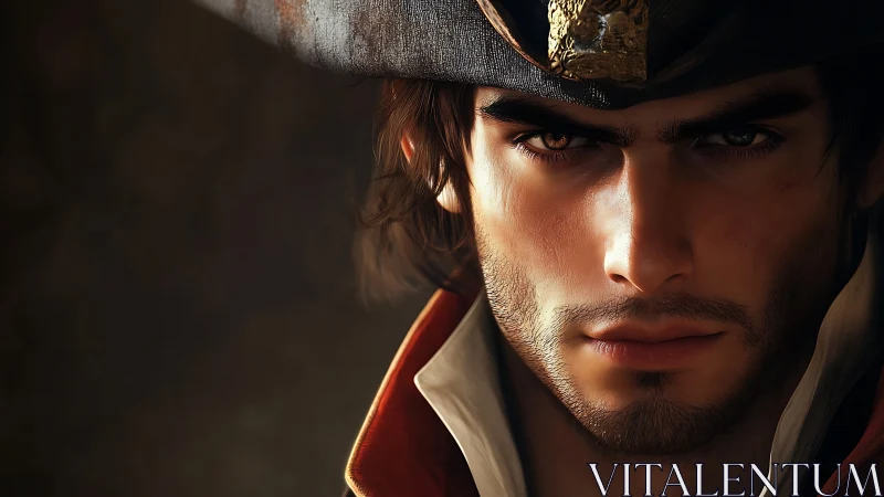Storm-eyed pirate captain framed in golden shadowed light.
