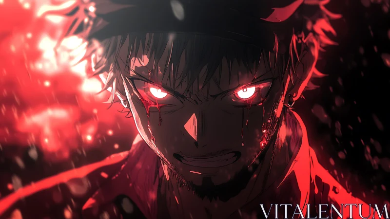 Bloodlit anime warrior with glowing eyes in furious resolve.
