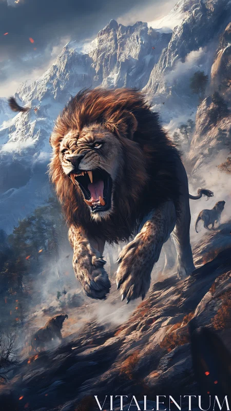 Digitally rendered lion charges down rocky, snowy slope