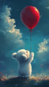 Little white bear reaching for a glowing red balloon.