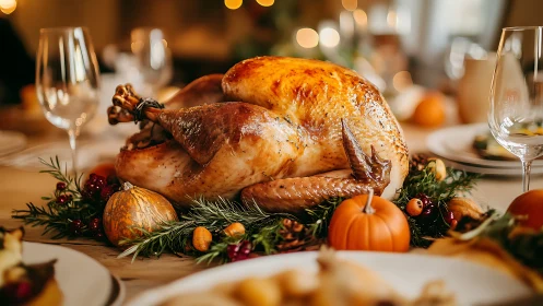 Golden holiday turkey crowned with autumn harvest glow.