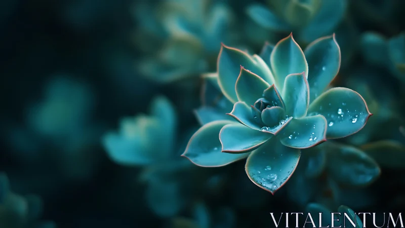 Macro view shows teal succulent with dew lit by soft light
