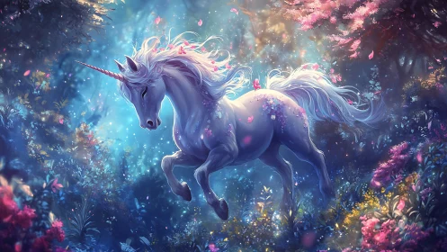 Luminous unicorn moves through enchanted floral forest